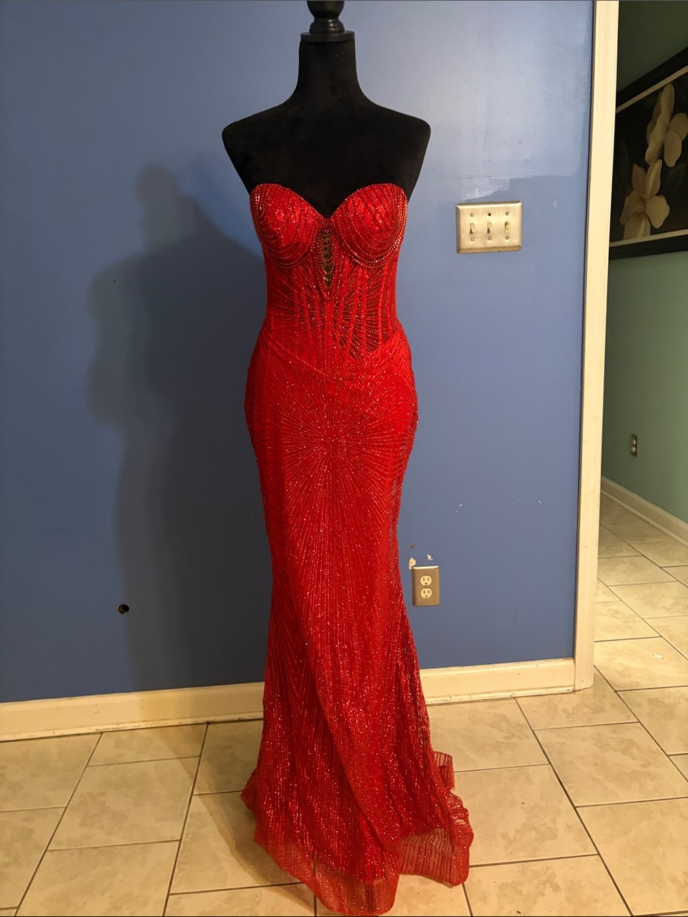 Strapless Red Beaded Evening Gown with Sweetheart Bodice